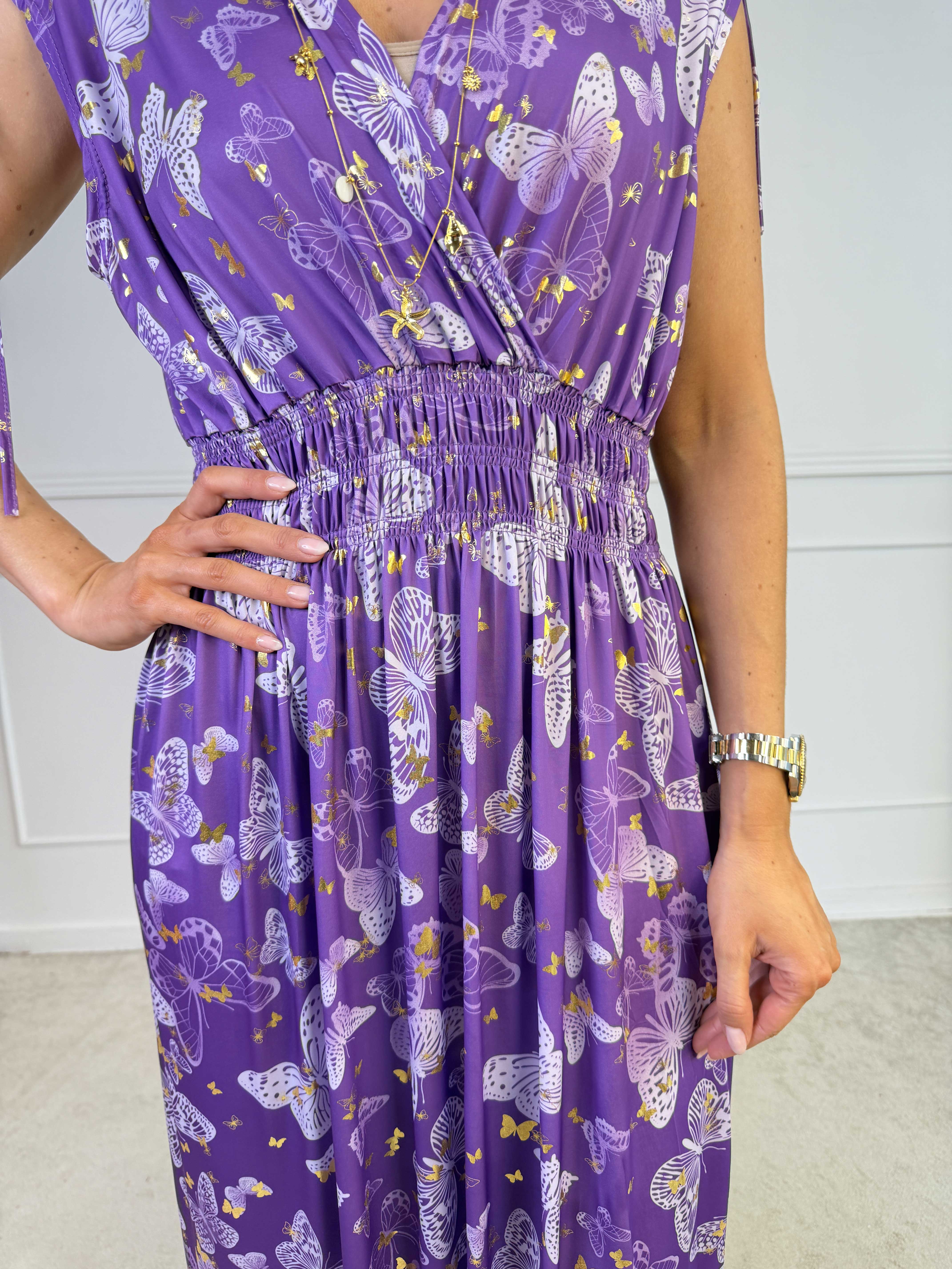 Pams Butterfly Sleeveless - Lang elastisk kjole med sommerfugleprint og gulddetaljer